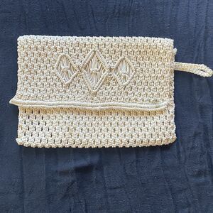 Vintage 70’s Bohemian Macrame Clutch Wristlet Handbag. Cream. Hippie Boho.